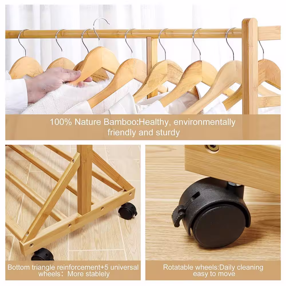 None Natural Bamboo Garment Clothes Rack with Shelves 39.4 in. W x 60 in. H