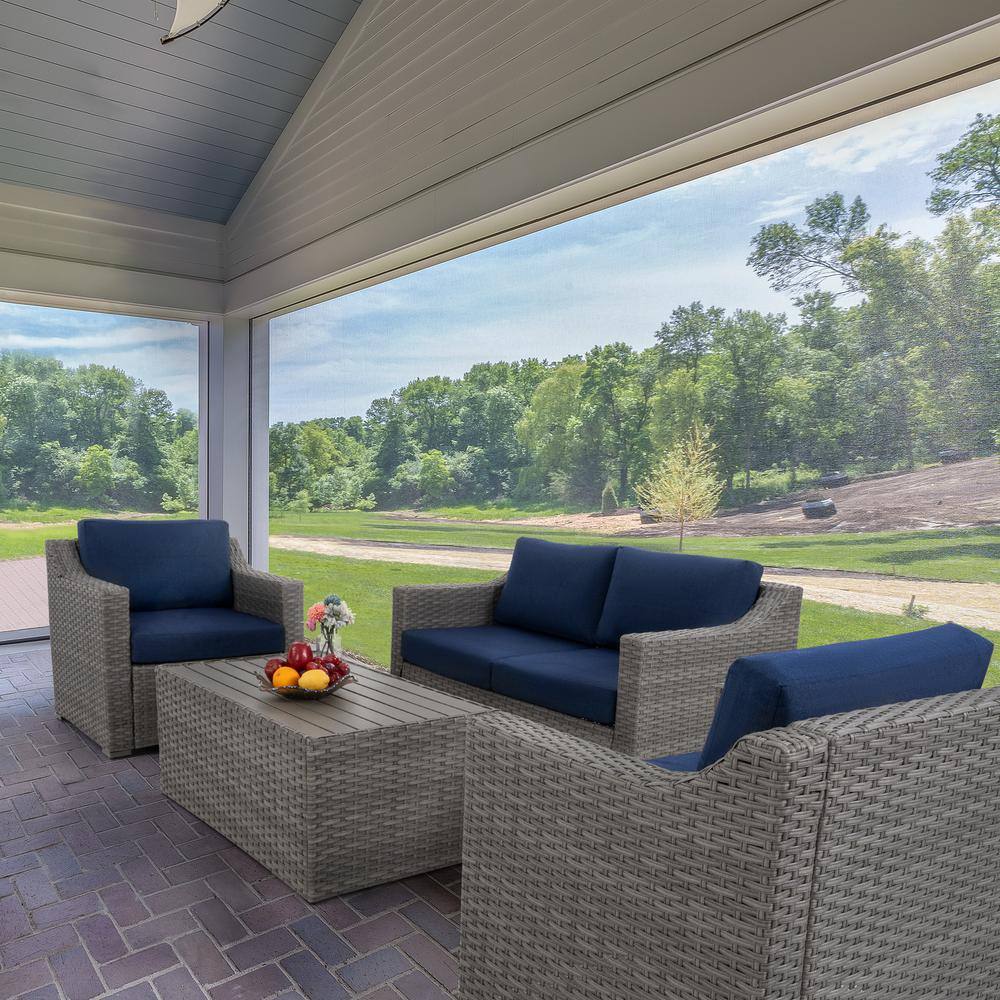 None 4-Piece Wicker Patio Conversation Set with Blue Cushions