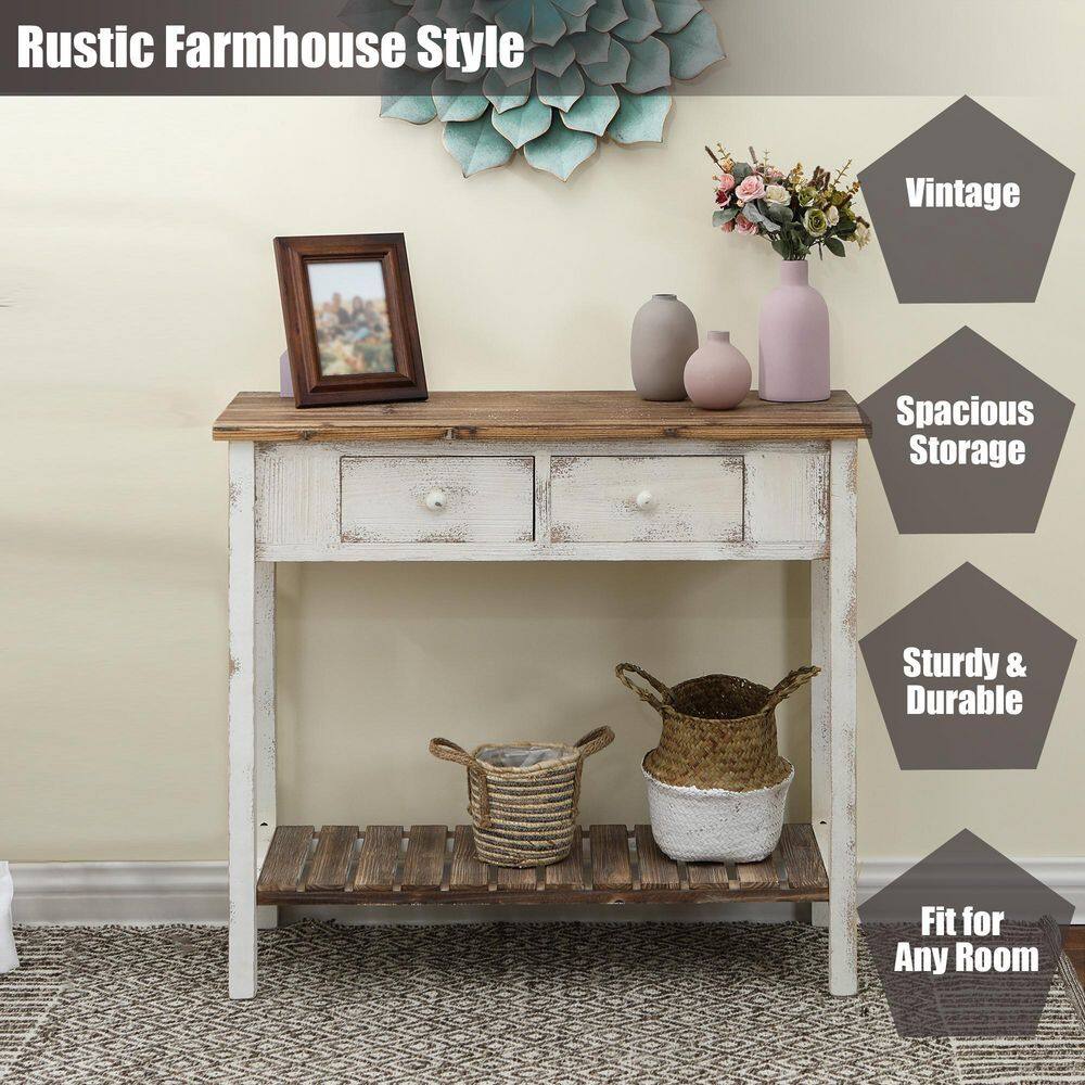 LuxenHome 36 in. Distressed White 2-Drawer Rectangle Wood Entryway and Console Table