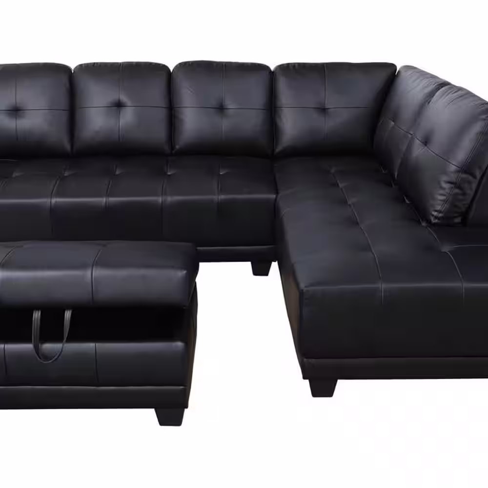 Star Home Living Mike 3-Piece Black Faux Leather 3-Seater L-Shaped Right-Facing Sectional Sofa with Ottoman