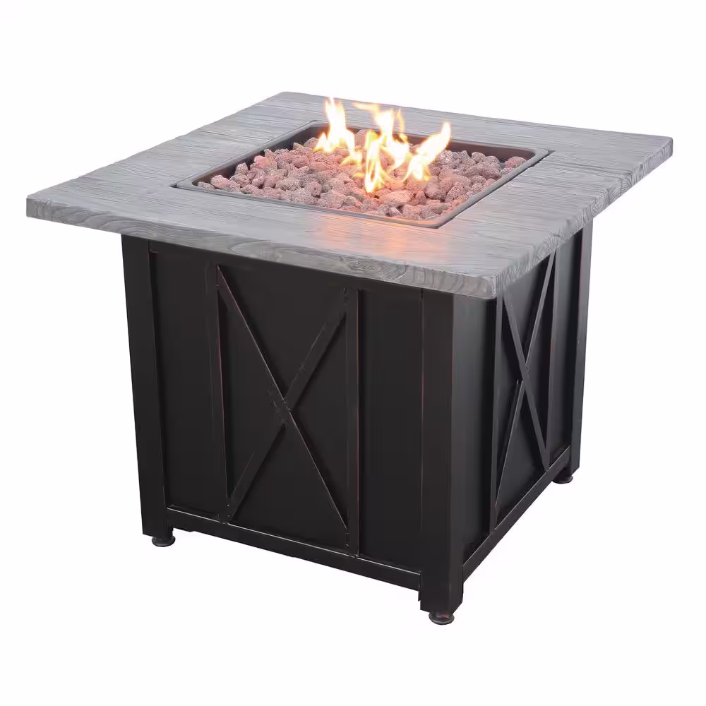 Endless Summer 30 in. W Square Wood Look Resin Mantel LP Gas Fire Pit with Integrated Electronic Ignition, Lava Rock and Included Cover