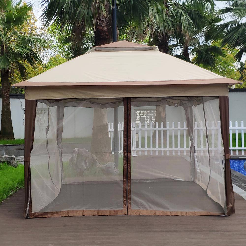 None Coffee Brown 11 ft. x 11 ft. Pop Up Gazebo Canopy with Removable Zipper Netting