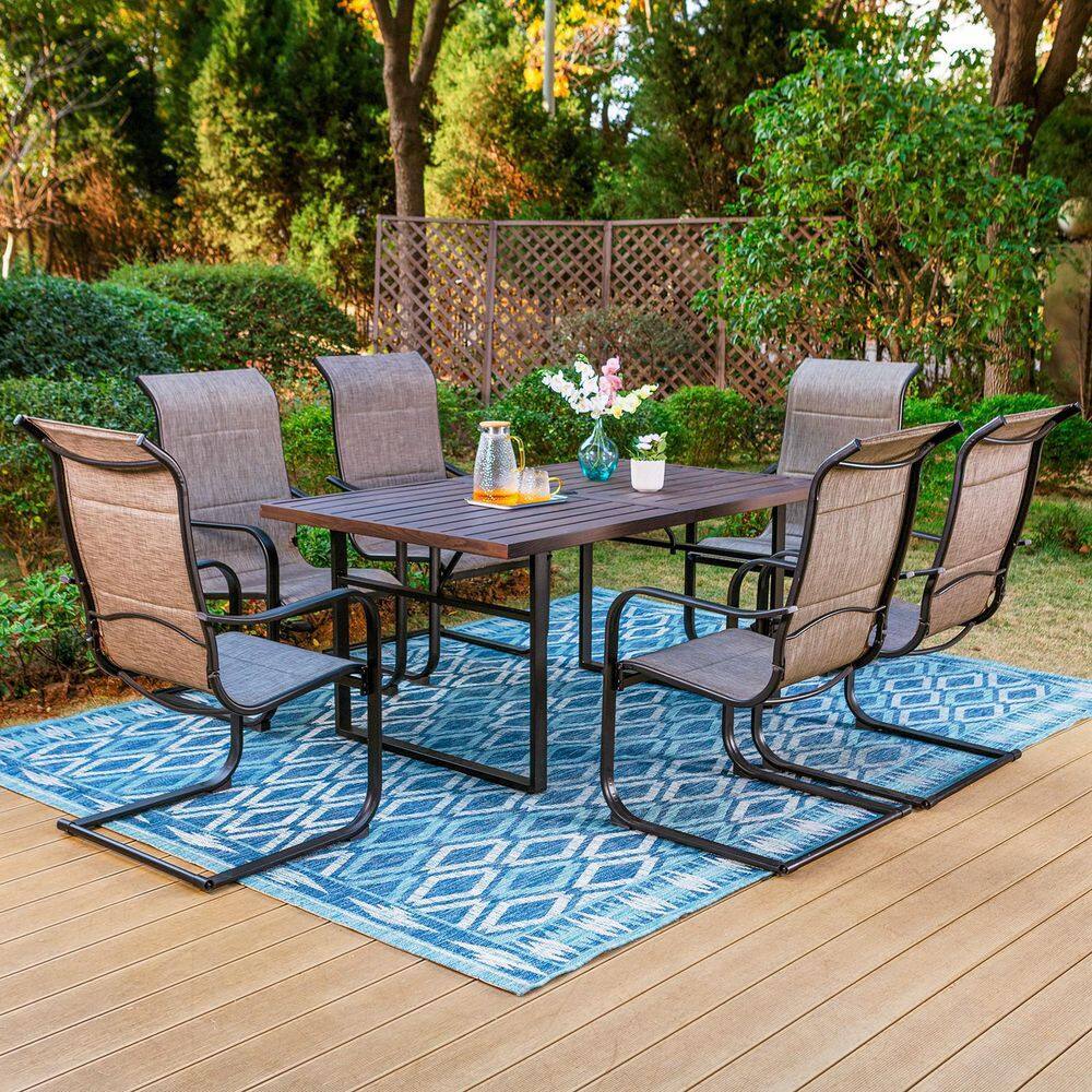 None Black 7-Piece Metal Outdoor Patio Dining Set with U Shaped Rectangle Table and C-Spring Textilene Chairs