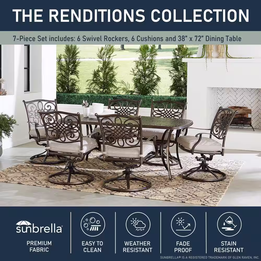Agio Renditions 7-Piece Aluminum Outdoor Dining Set with Sunbrella Silver Cushions, 6 Swivel Rockers and 38x72 in. Table