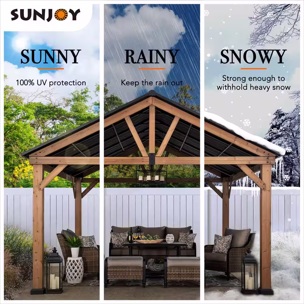 Sunjoy Wynn 13 ft. x 15 ft. Cedar Framed Gazebo with Brown Steel Gable Roof Hardtop