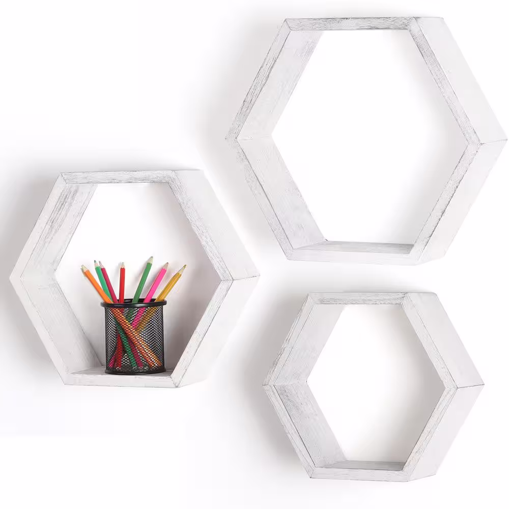 None Hexagon Floating Shelves Wall Mounted, Honeycomb Wood Shelf Storage Farmhouse Home Decor (Set of 3)