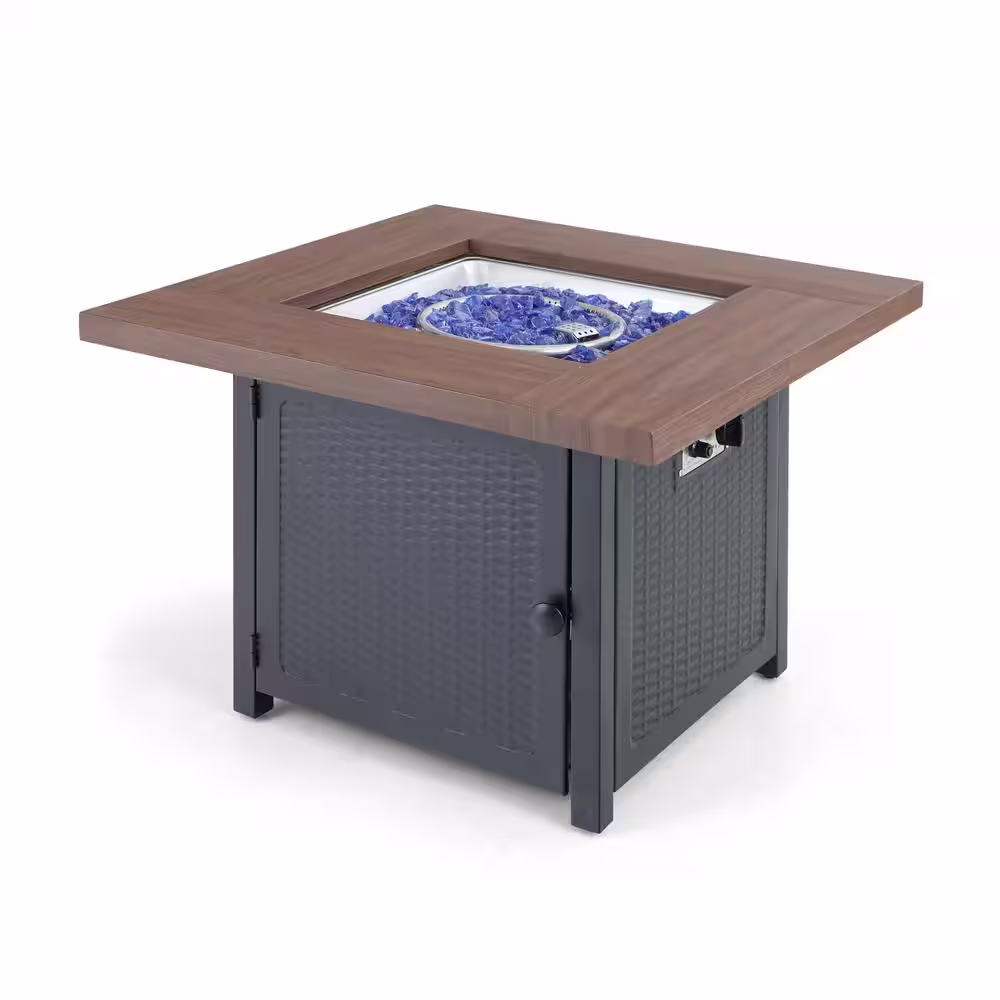 PHI VILLA 33.9 in. W x 25.2 in. H Square Wood-like Metal Steel Gas Fire Pit Table with Cover and 50000 BTU Burner