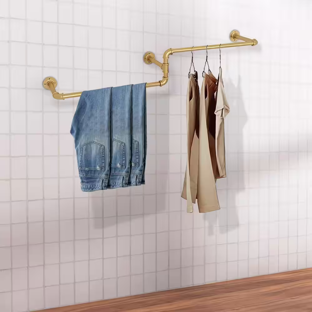 None Gold Iron Clothes Rack Hanging Rod Wall Mounted Pipe Garment Rack 71 in. W x 7.5 in. H