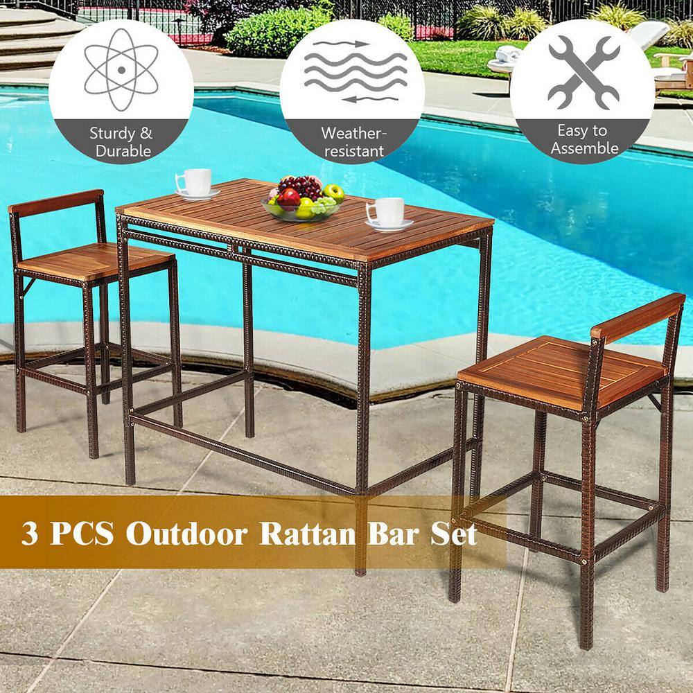 Costway Patio Rattan Wicker Bar Dining Furniture Set(Set of 3)