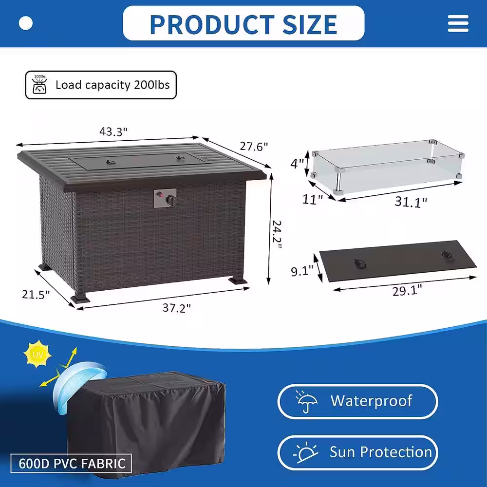 Halmuz Brown 43 in. 50000 BTU Wicker Propane Outdoor Fire Pit Table with Glass Wind Guard Lid Fire Glass Beads