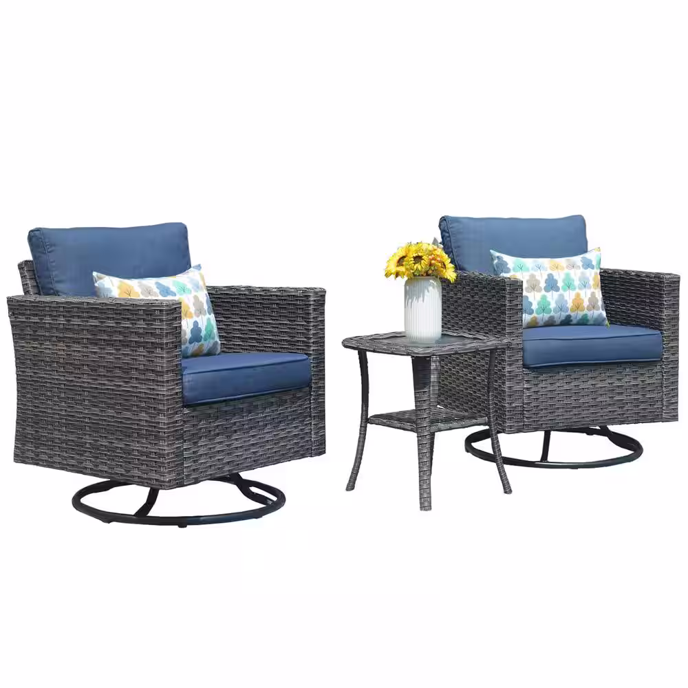 XIZZI Megon Holly Gray 3-Piece Wicker Patio Conversation Seating Sofa Set with Denim Blue Cushions and Swivel Rocking Chairs