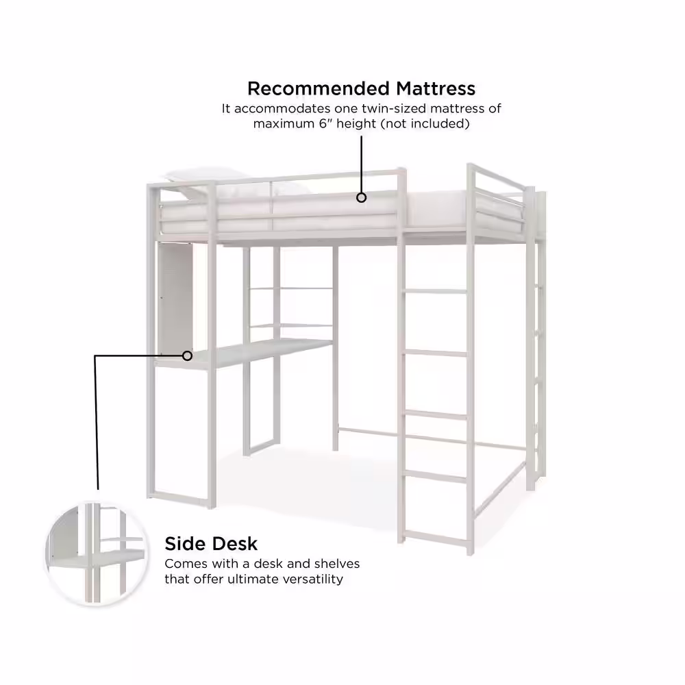 DHP Alana White Full Metal Loft Bed with Desk