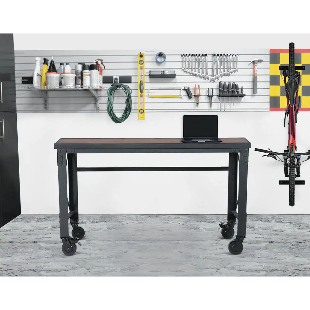 Duramax Building Products 62 in. x 24 in. Rolling Industrial Worktable Desk with Solid Wood Top
