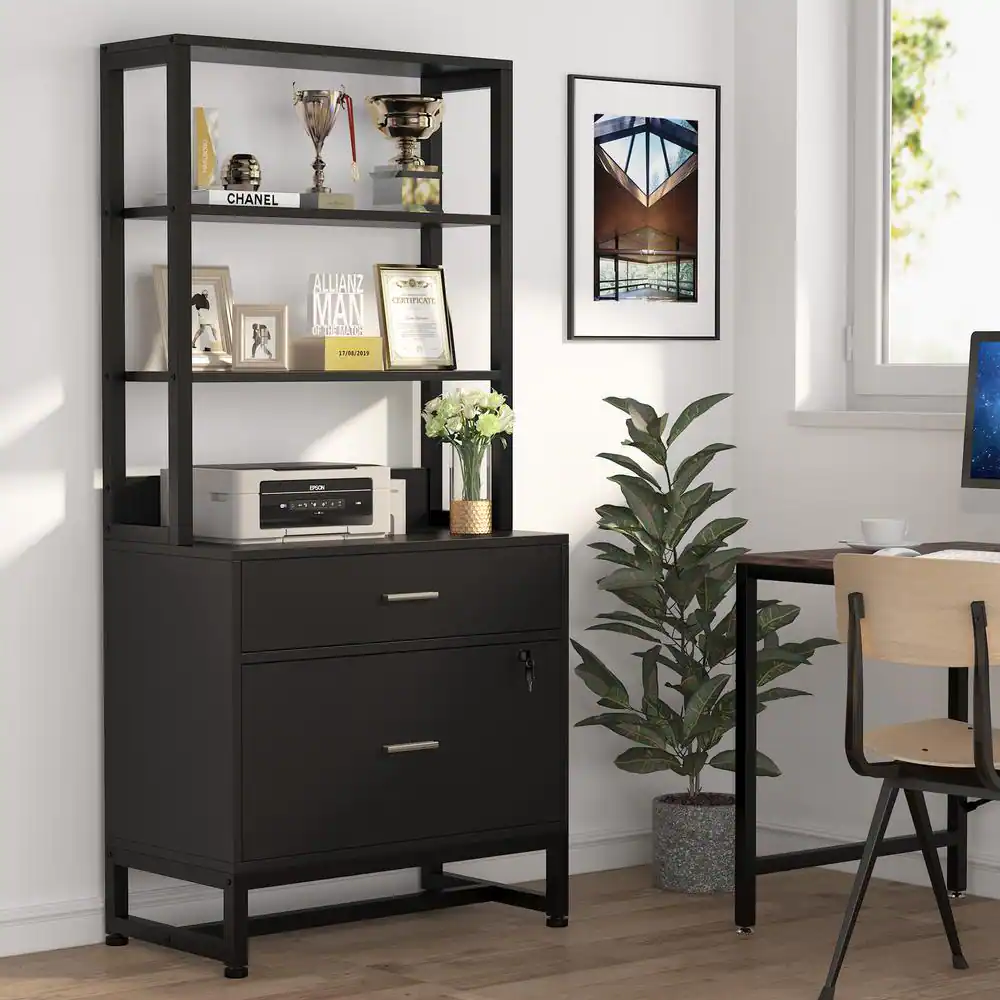 TRIBESIGNS WAY TO ORIGIN Cindy Black Vertical File Cabinet with Shelves, Stander Drawer and File Drawer