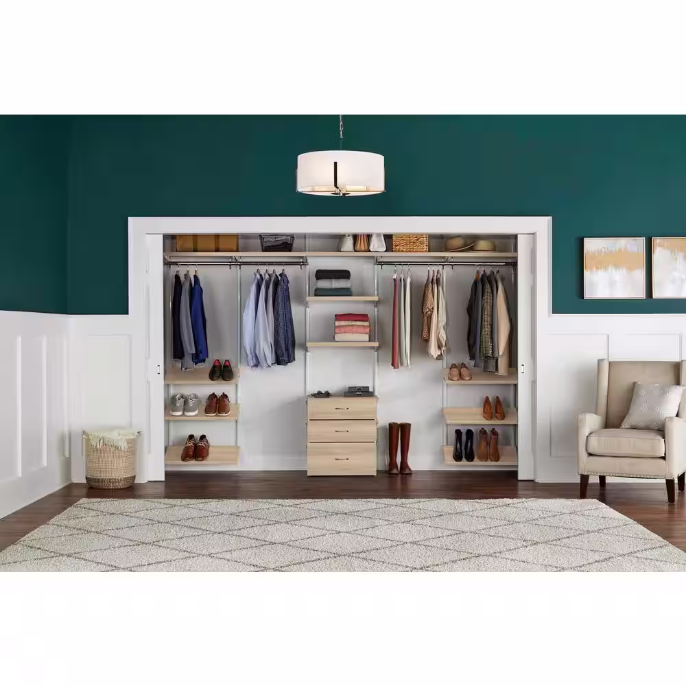 Everbilt Genevieve 10 ft.Birch Adjustable Closet Organizer 2 Long, 2 Short Hanging Rods, 3 Shelves, 2 Triple Shoe Racks, 3 Drawer