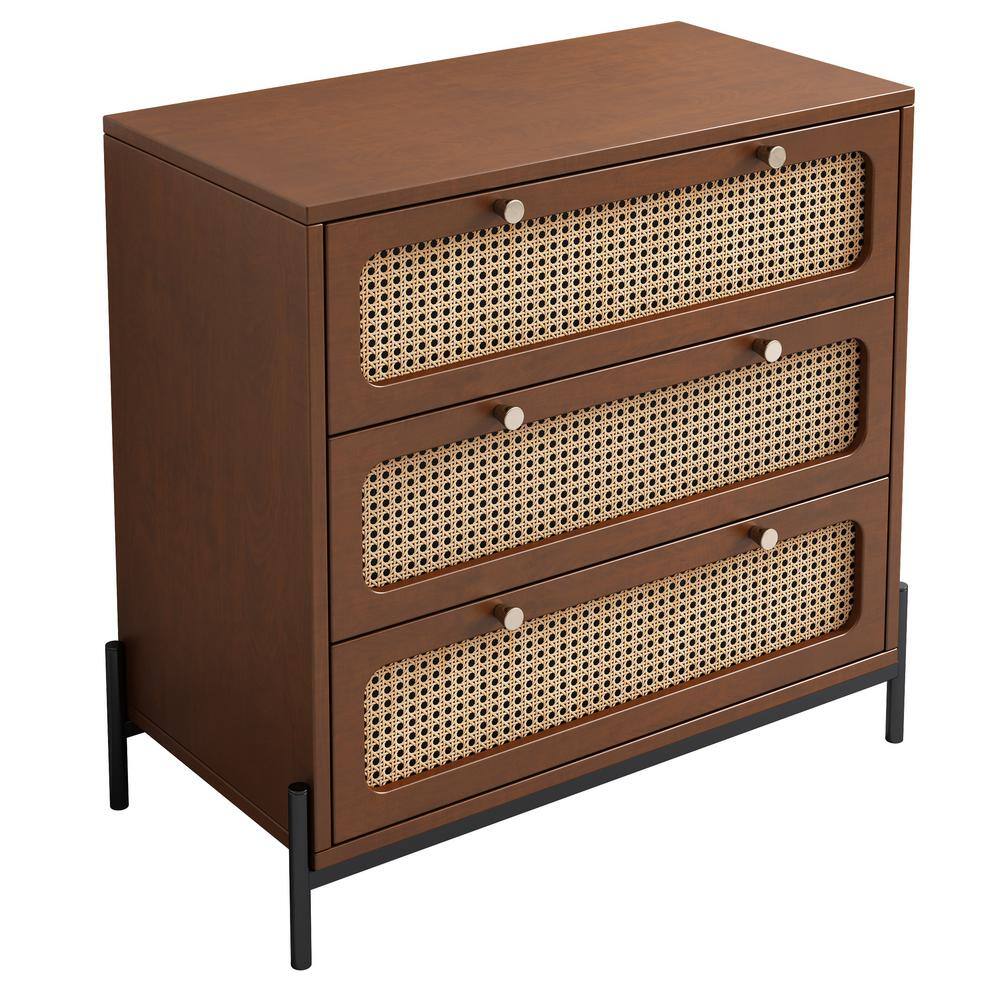 Harper & Bright Designs Walnut Modern Cannage Rattan Wood 3-Drawer 30 in. Wide Chest of Drawers