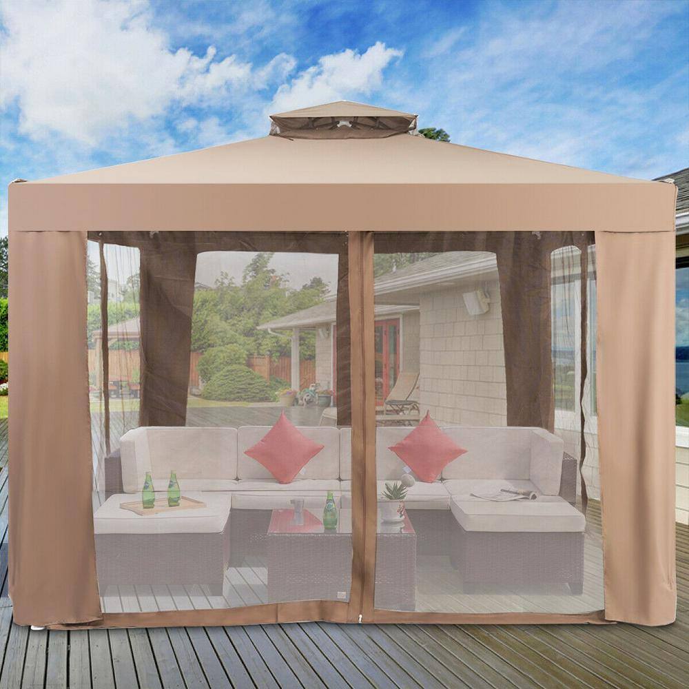 ANGELES HOME 9.8 ft. x 9.8 ft. Brown Metal Frame Gazebo Canopy with Mosquito Mesh