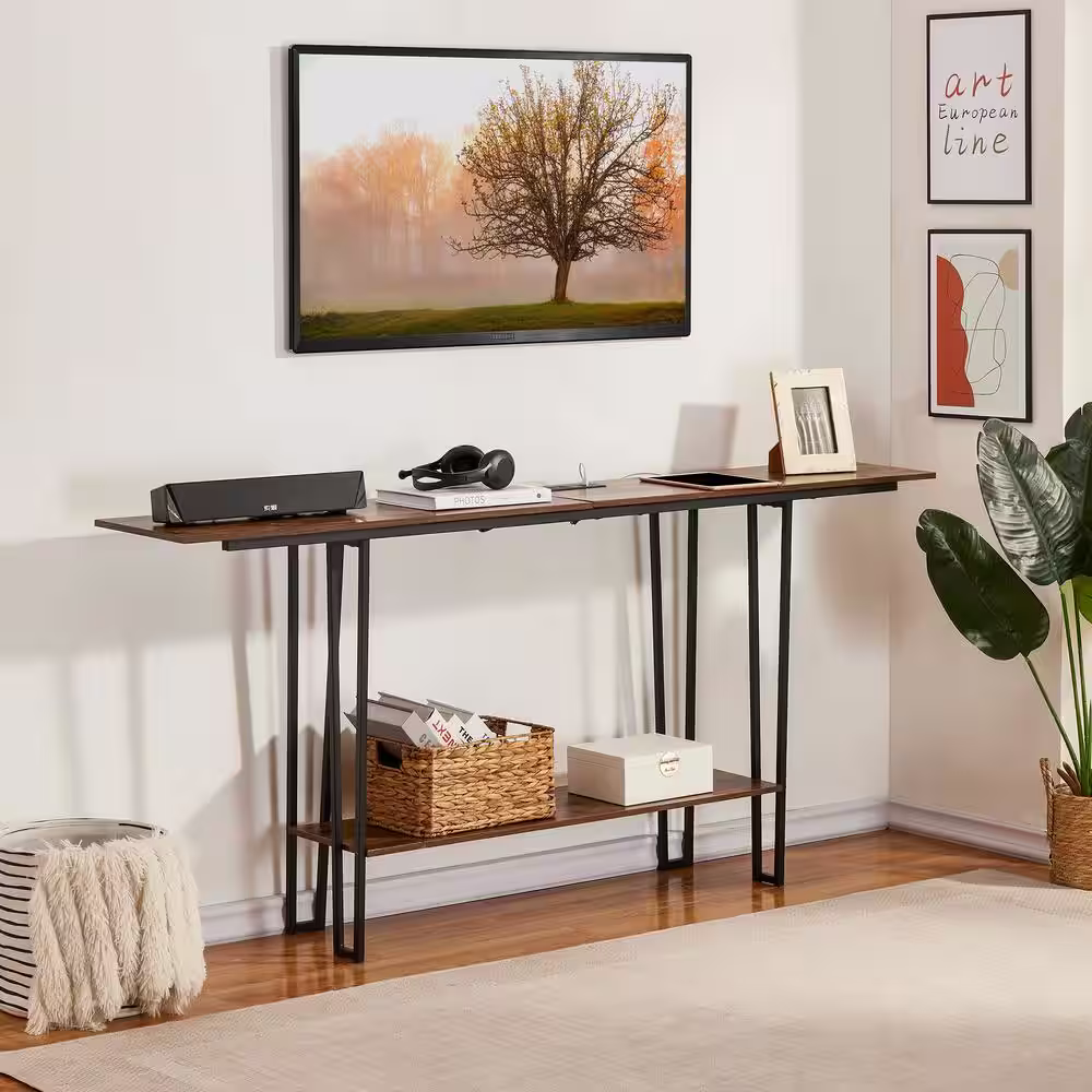 VECELO Modern Narrow Console Tables 55.1 in. Rectangle Wood Console Table with Shelves, Sofa Side Table, Foyer Table Brown