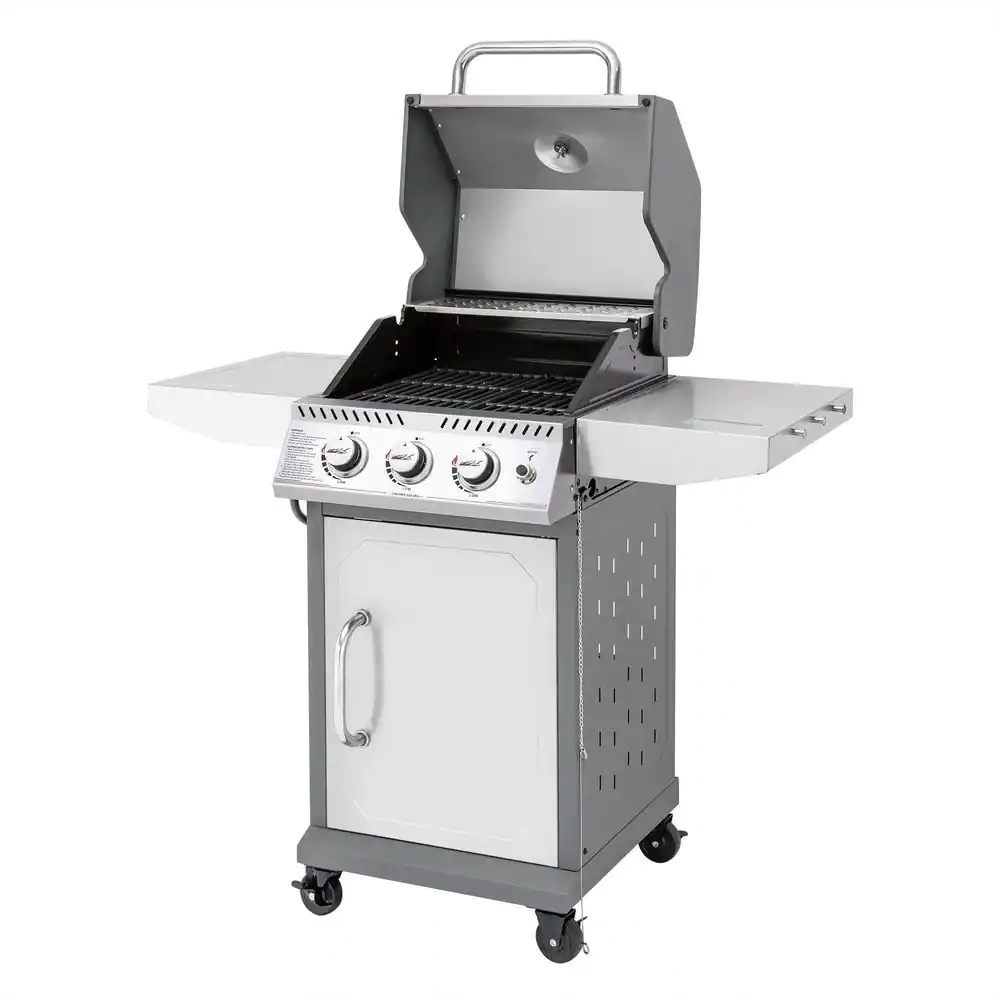 Royal Gourmet Stainless Steel 3-Burner Propane Gas Grill, 25,500 BTU Cabinet Style Cas Grill with Side Tables