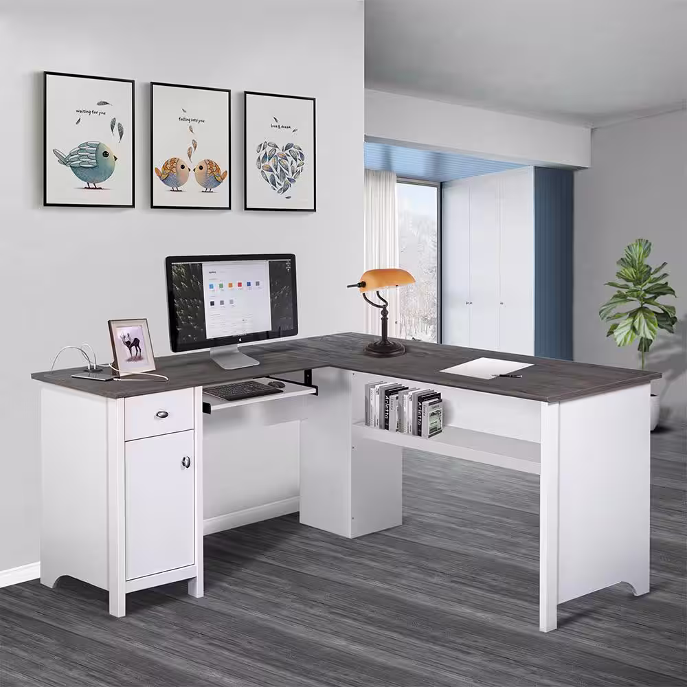 SAINT BIRCH Olivia 59 in. Gray Oak and White Wood 1-Drawer Writing Desk