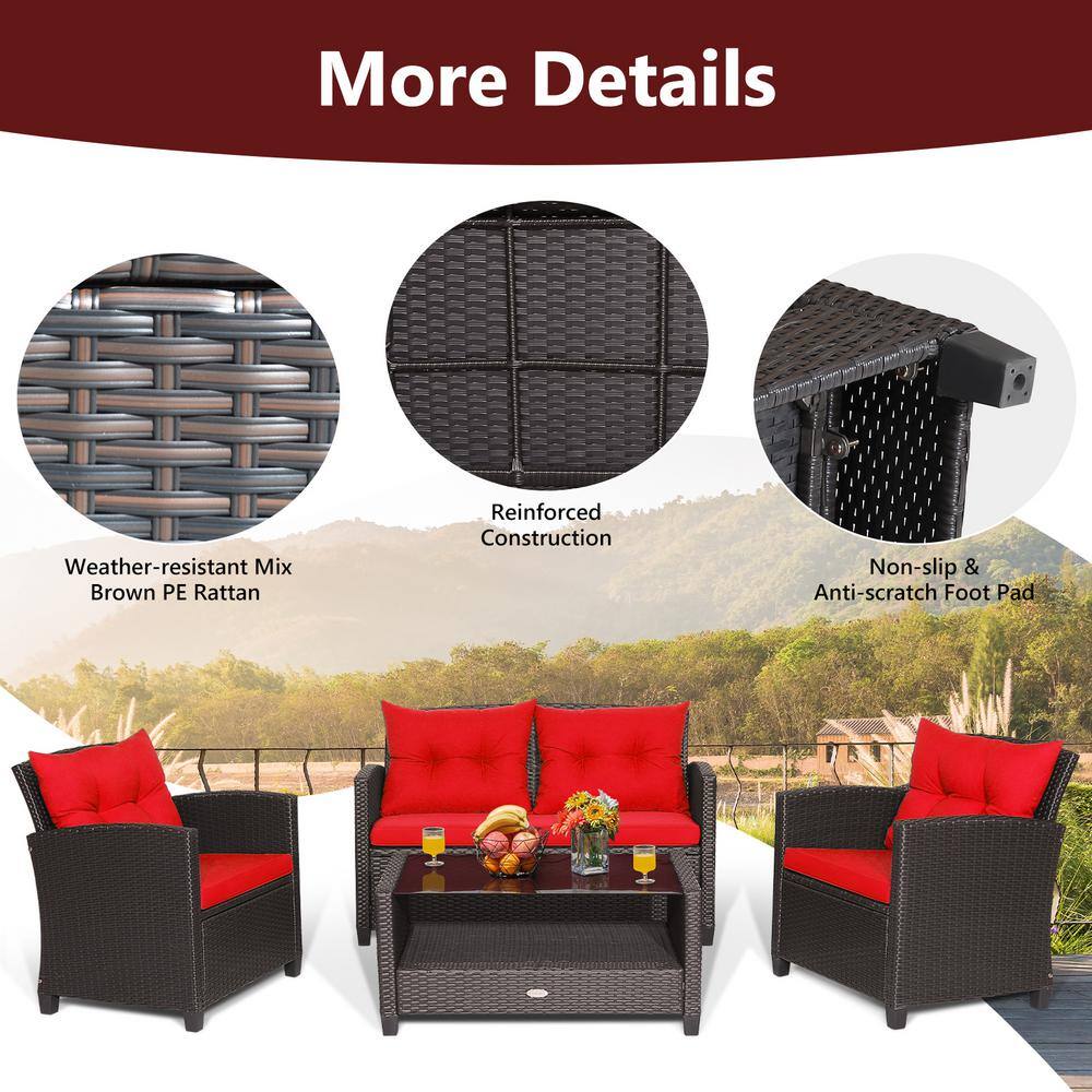 None 4-Piece Wicker Patio Conversation Set Chair Coffee Table Classic Furniture Set with Red Cushions