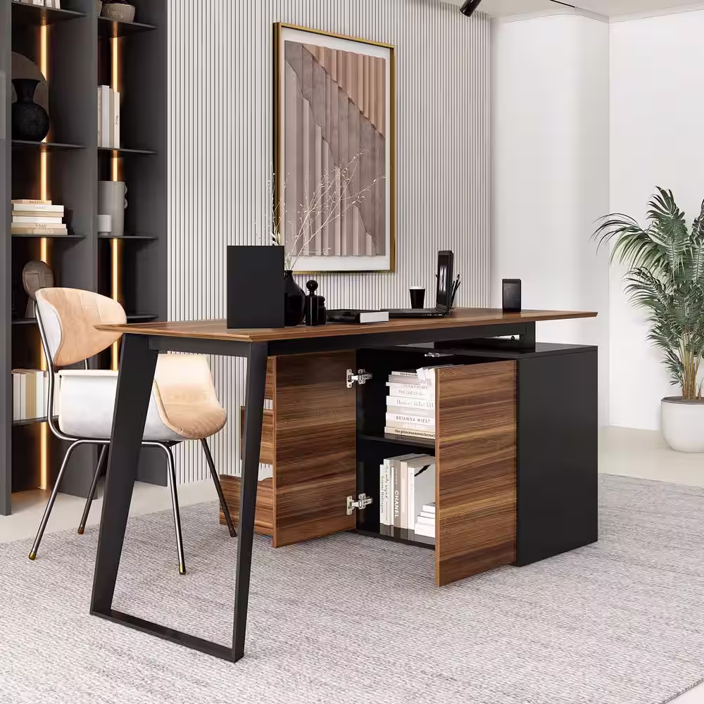 None 54.3 in. Reversible L-Shaped Brown Wood Writing Desk Office Workstation With Adjustable Shelves, Drawers, Doors Cabinet