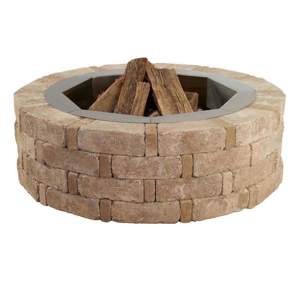 Pavestone RumbleStone 46 in. x 14 in. Round Concrete Fire Pit Kit No. 2 in Cafe with Round Steel Insert