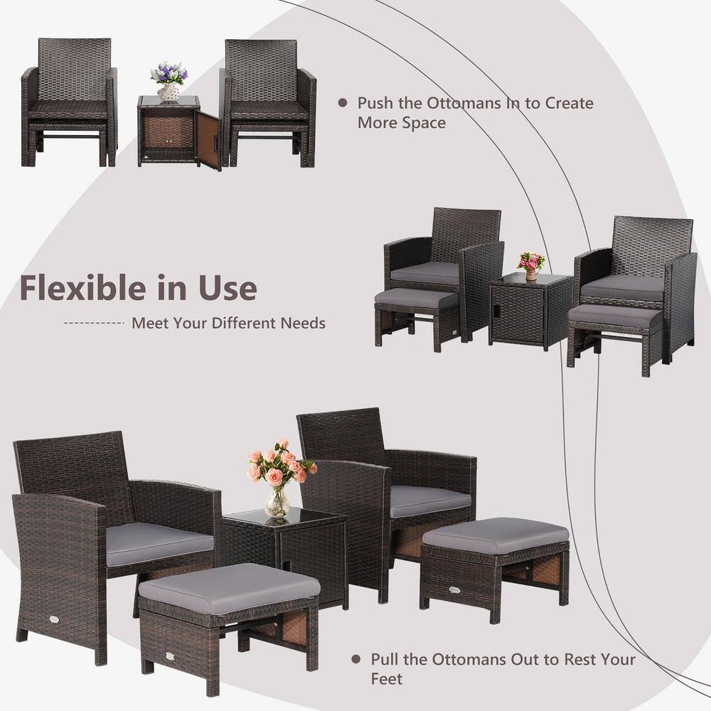 Costway 5-Piece Patio Rattan Furniture Set Chair Ottoman Cushion Space Saving with Cover Gray