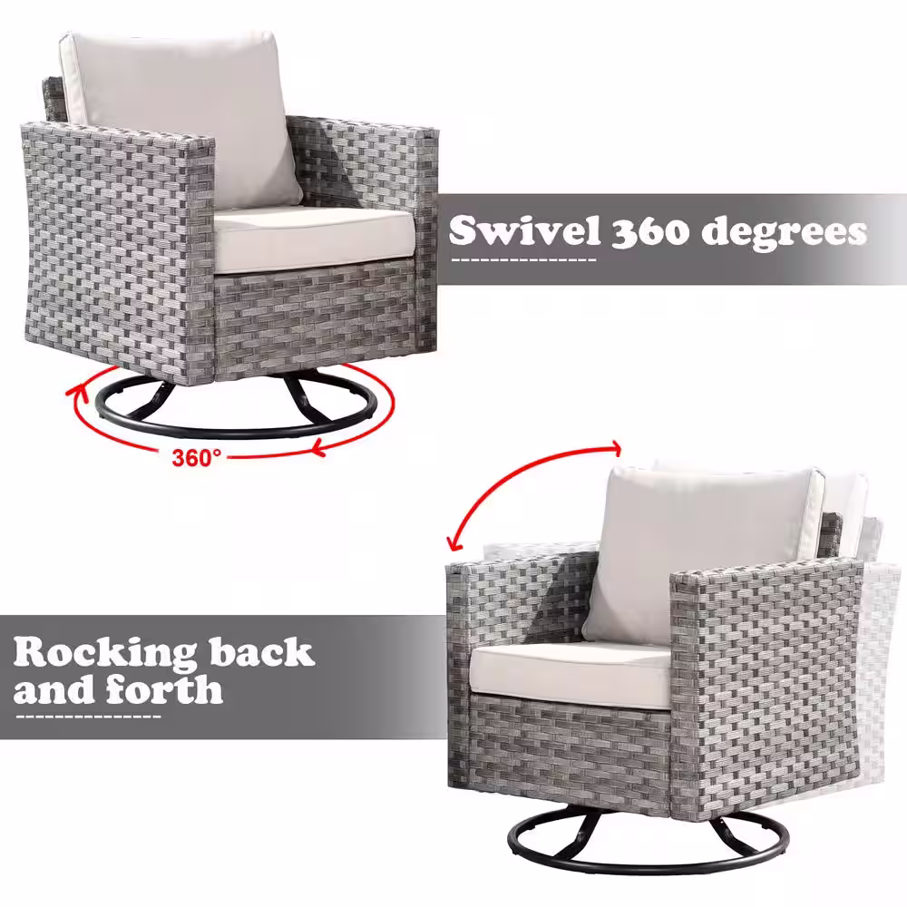 HOOOWOOO Crater Grey 9-Piece Wicker Wide-Plus Arm Patio Conversation Sofa Set with Swivel Rocking Chairs and Beige Cushions