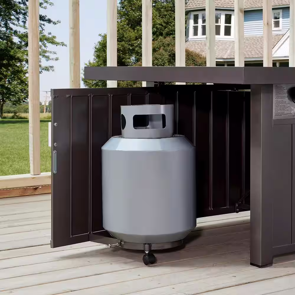 Hampton Bay Belize 51 in. W x 25 in. H Rectangle Aluminum Liquid Propane Fire Pit in Dark Brown