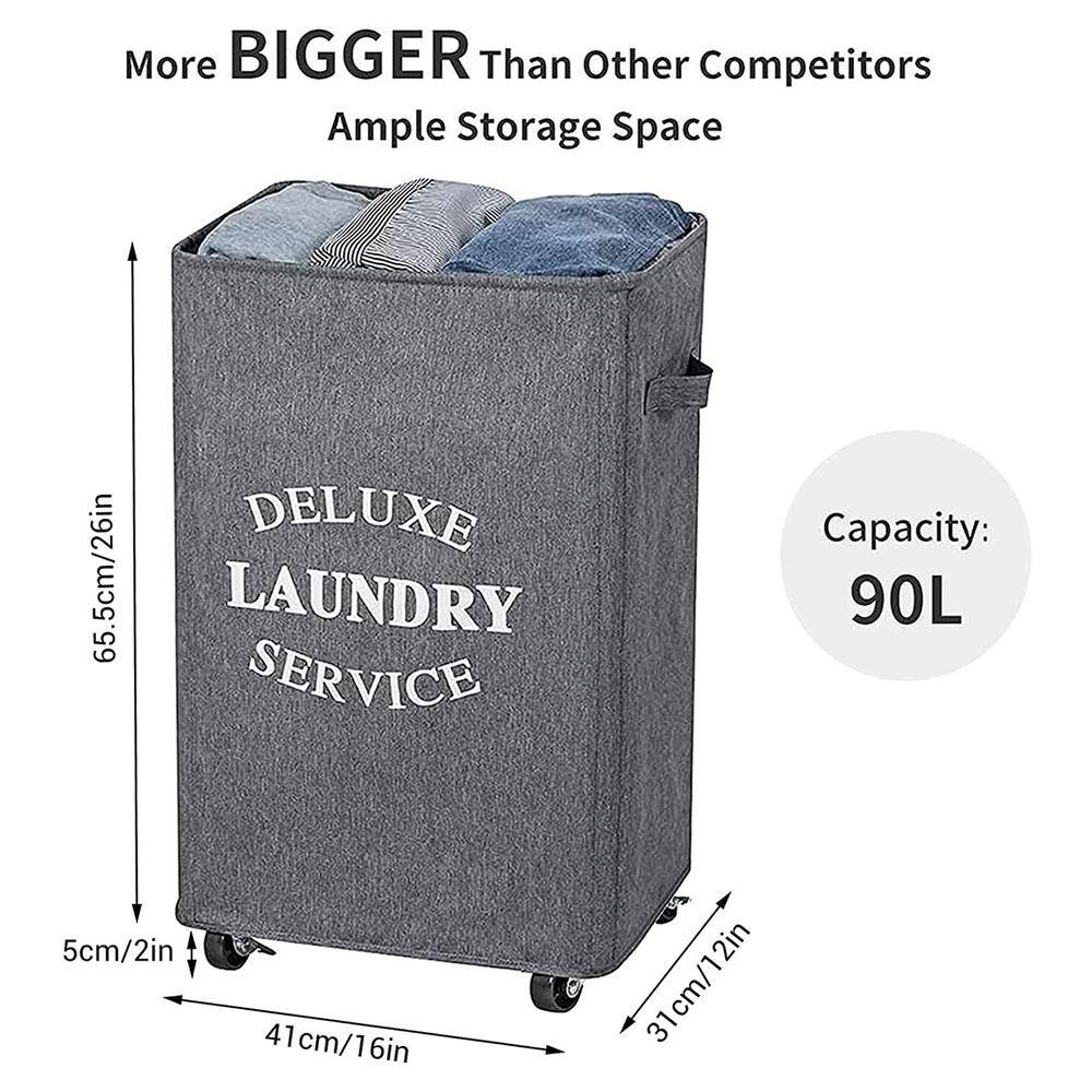 None 90 L Fabric Laundry Basket Hamper with Wheels Gray