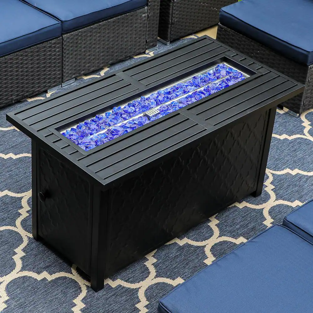 None Leather Grain 44.88 in. x 24.8 in. 50,000 BTU Rectangle Metal Gas Fire Pit Table with Lid and Blue Fire Glass