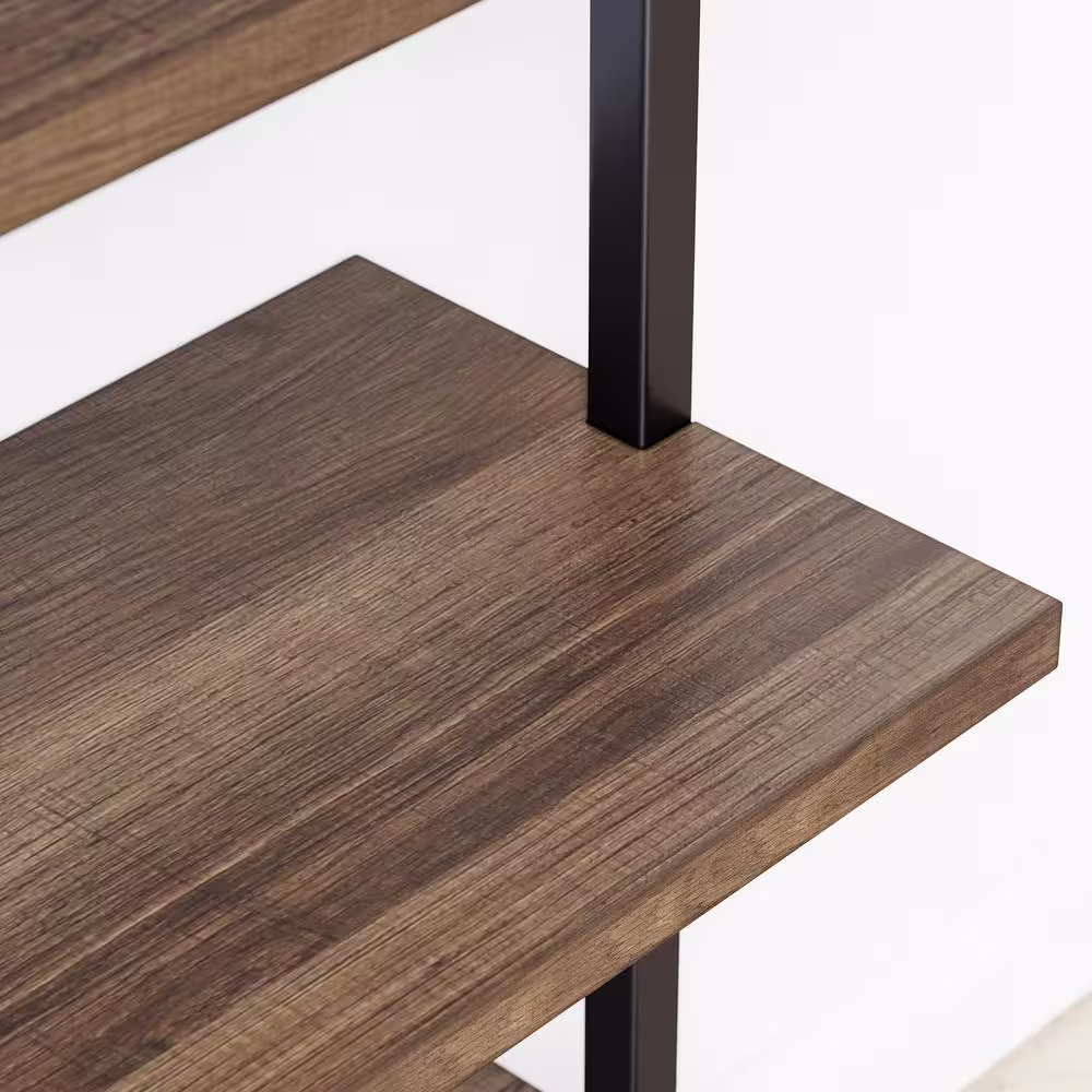 Nathan James Theo 85 in. Matte Black Reclaimed Oak Wood 6-Shelf Wall Mount Ladder Bookcase with Matte Black Metal Frame