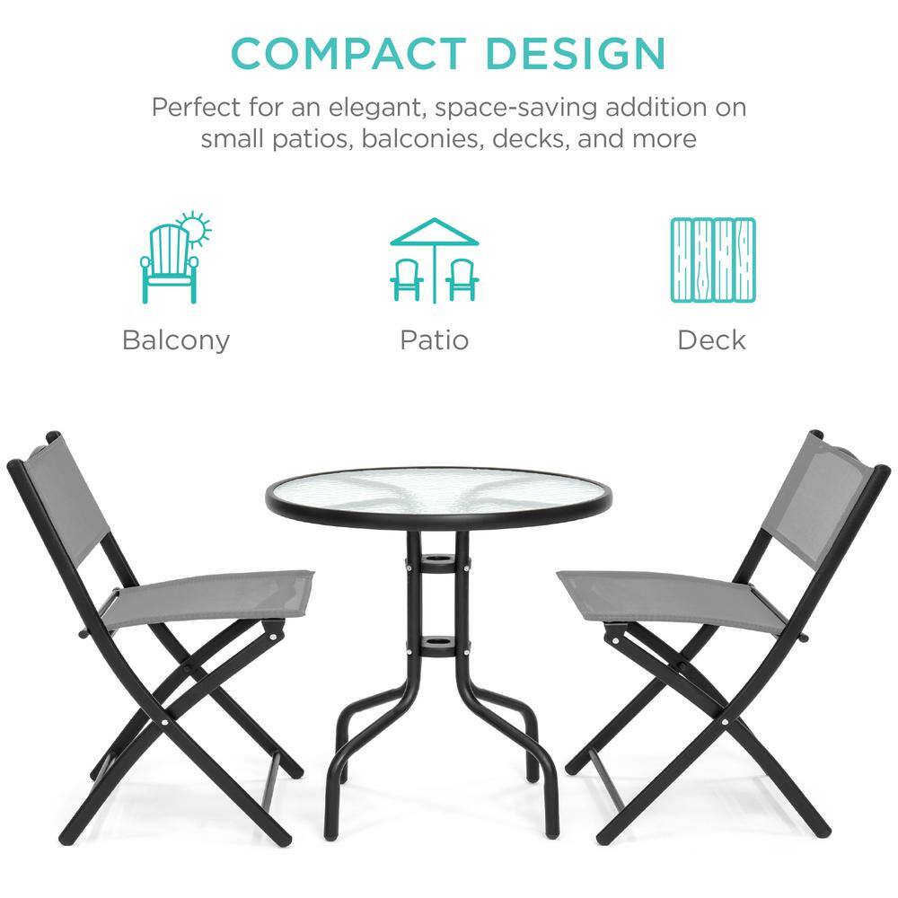 Best Choice Products Gray 3-Piece Outdoor Patio Bistro Set with Textured Glass Table Top, Folding Chairs