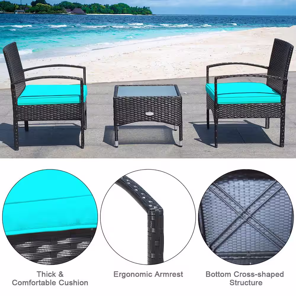 Costway 3 -Piece Patio Wicker Rattan Furniture Set Coffee Table and 2 Rattan Chair with Turquoise Cushion