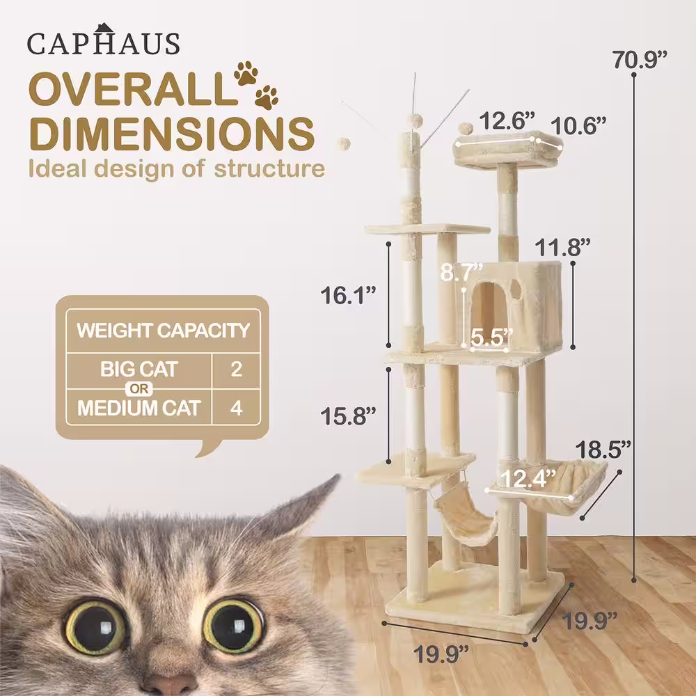 None 70 in. Beige Cat Tower for Indoor Cats, Multi-Level Cat Activity Tree with Scratching Posts, Basket, Cave Condo