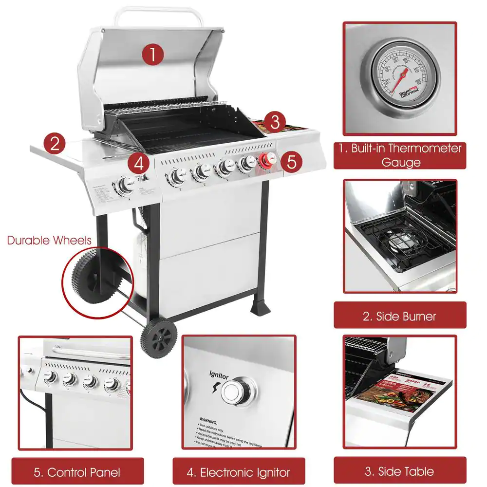 Royal Gourmet 5-Burner Propane Gas Grill in Stainless Steel with Sear Burner and Side Burner