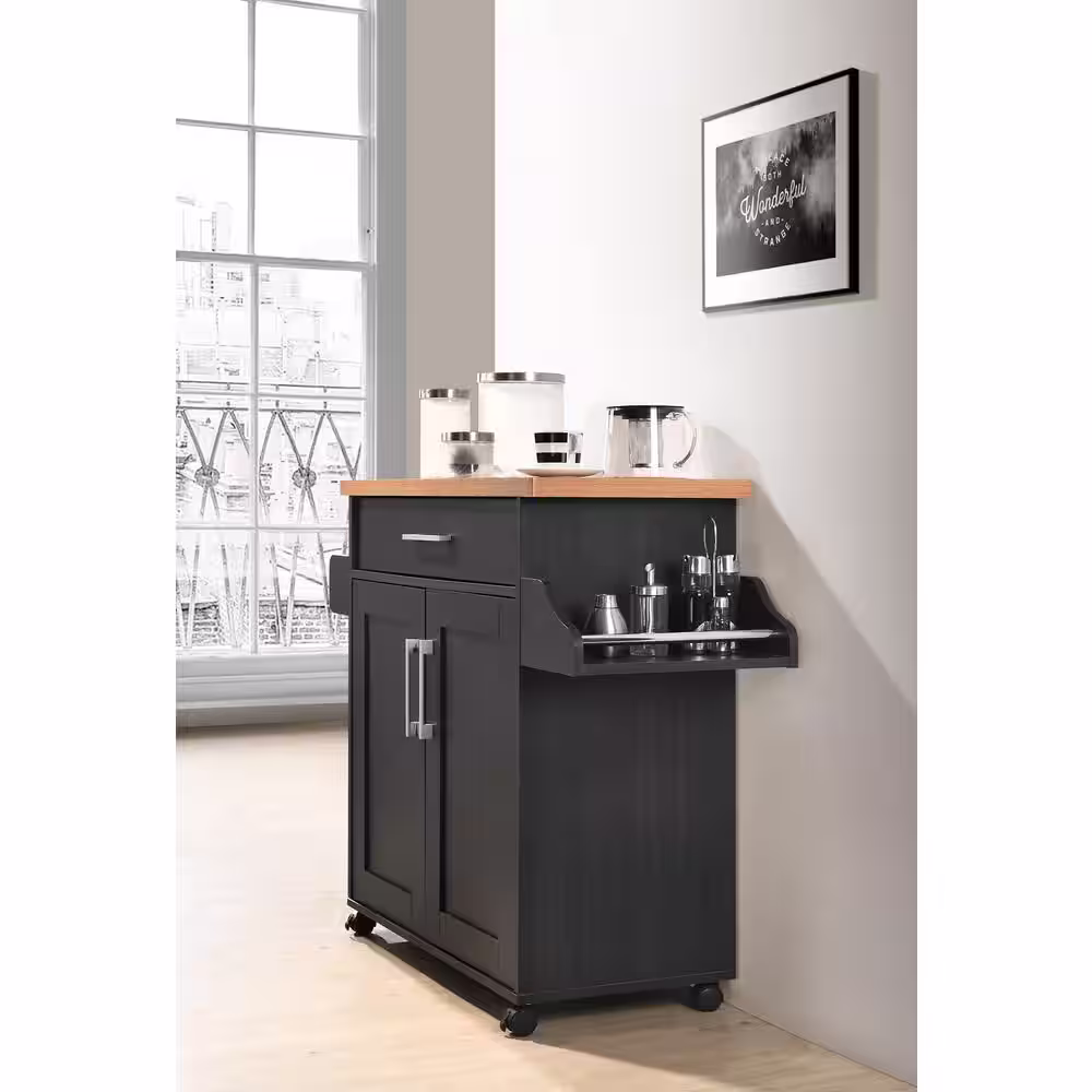 HODEDAH Black-Beech Kitchen Island with Spice Rack and Towel Holder