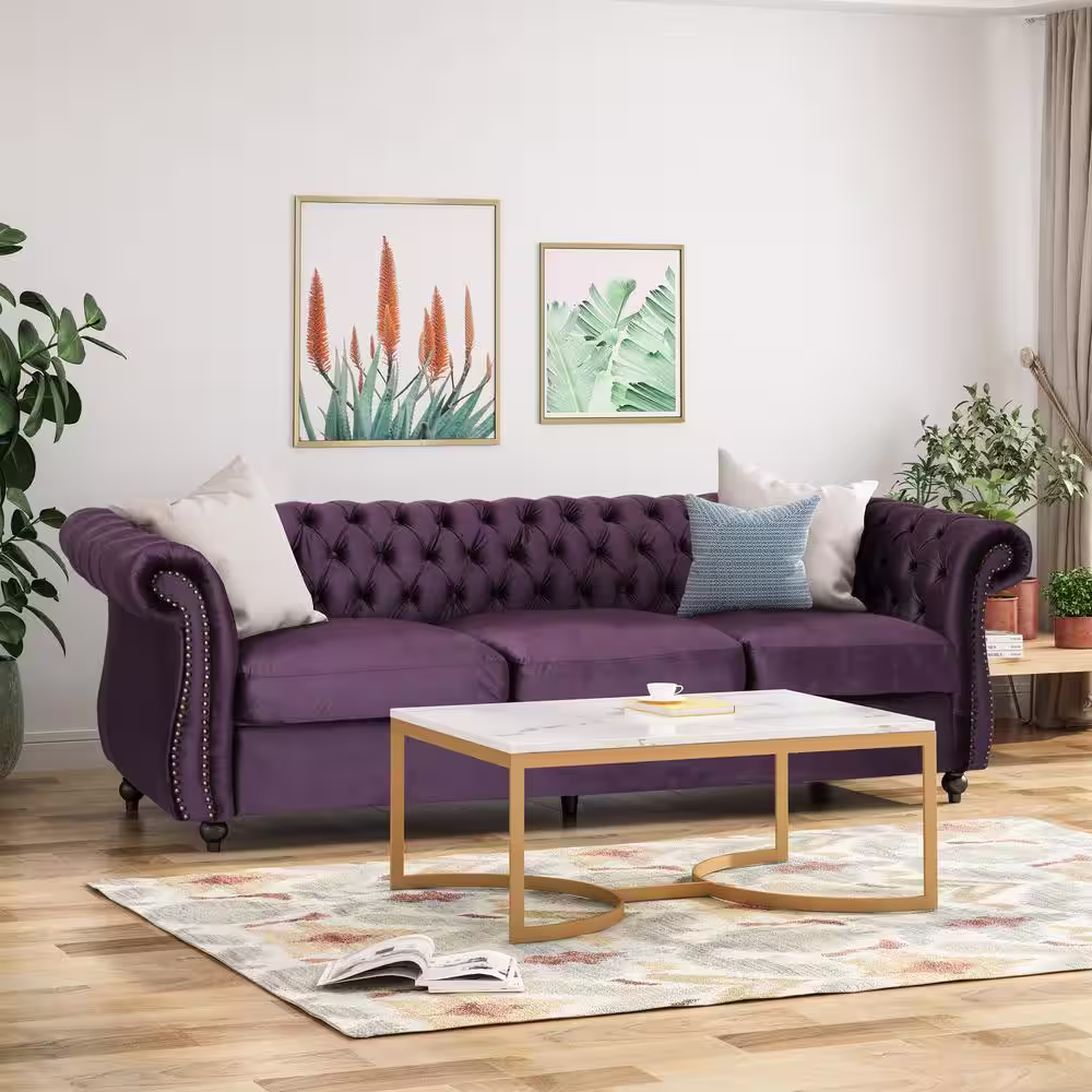 Noble House Sommerville Blackberry Velvet 3-Seater Chesterfield Sofa with Flared Arms