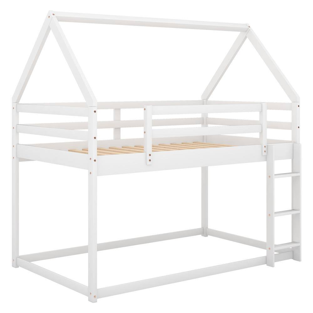 Harper & Bright Designs White Twin Over Twin Wood House Bunk Bed with Ladder