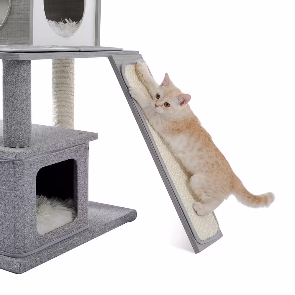 None 61.9 in. H Gray Wooden Cat Tree, Felt Fabric Cat House, Multi-Level Cat Tower with Sisal Covered Scratching Posts