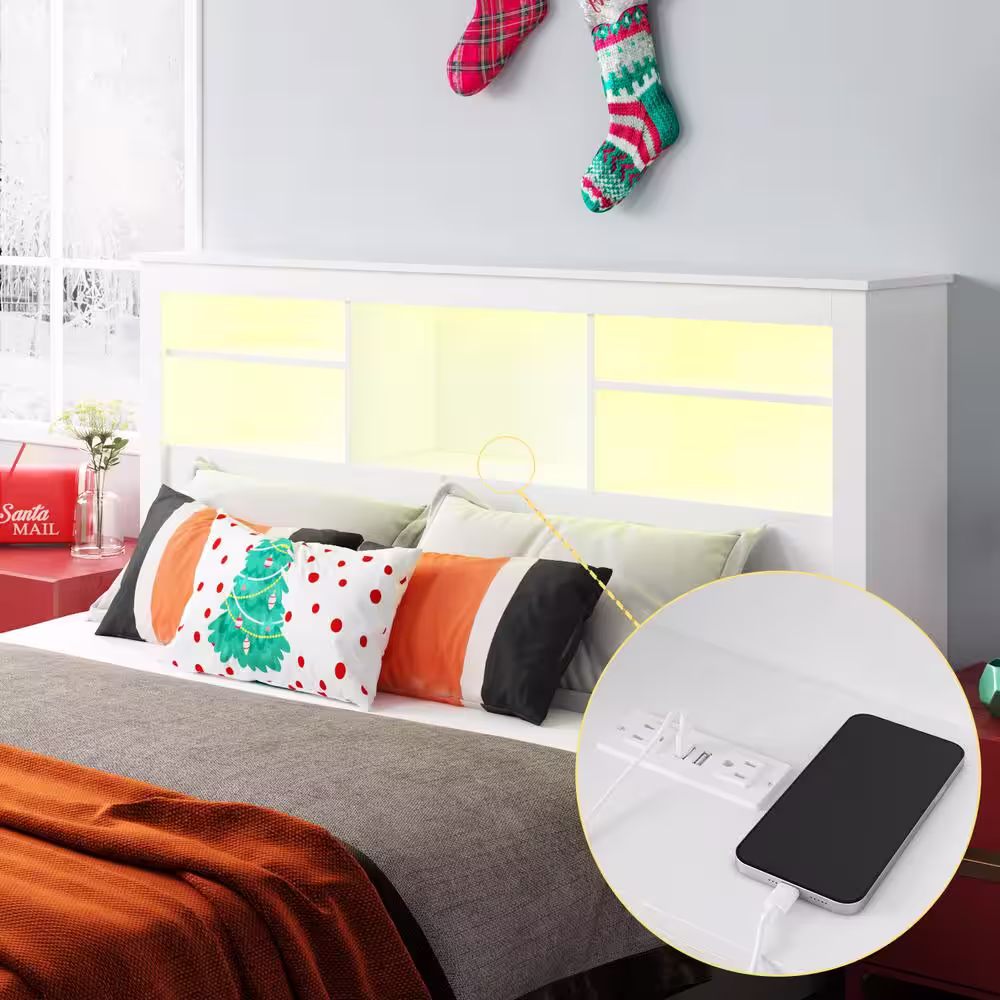 None White Full Queen Wood Headboard Shelf with Socket Adapter USB Interface, Shelves and LED Lights