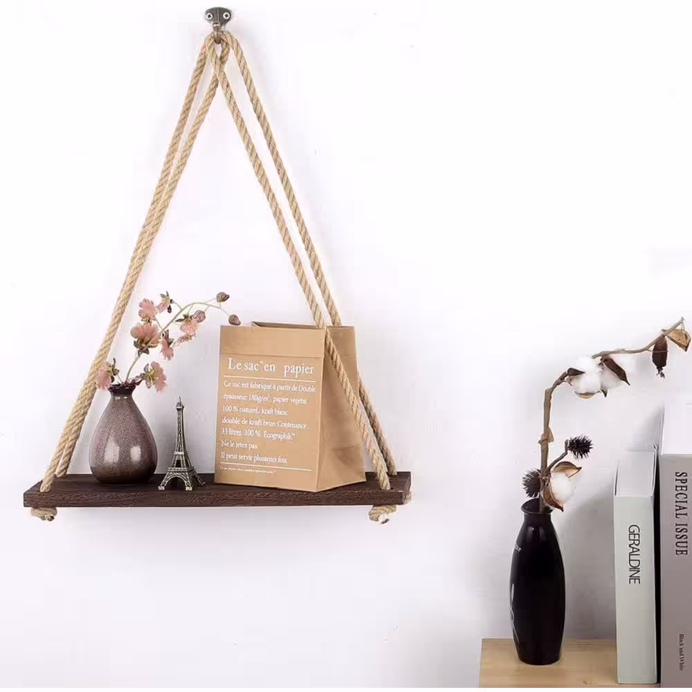 None Brown Hanging Shelves, Wood Floating Wall Shelves Rustic Hanging Swing Rope Shelves (Set of 4)