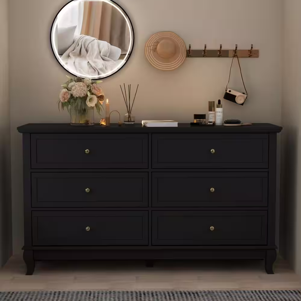 None 6-Drawers Eco-Friendly Paint Finish Black Wood Dresser Vanity Cabinet 55.1 in. W x 15.7 in. D x 31.5 in. H