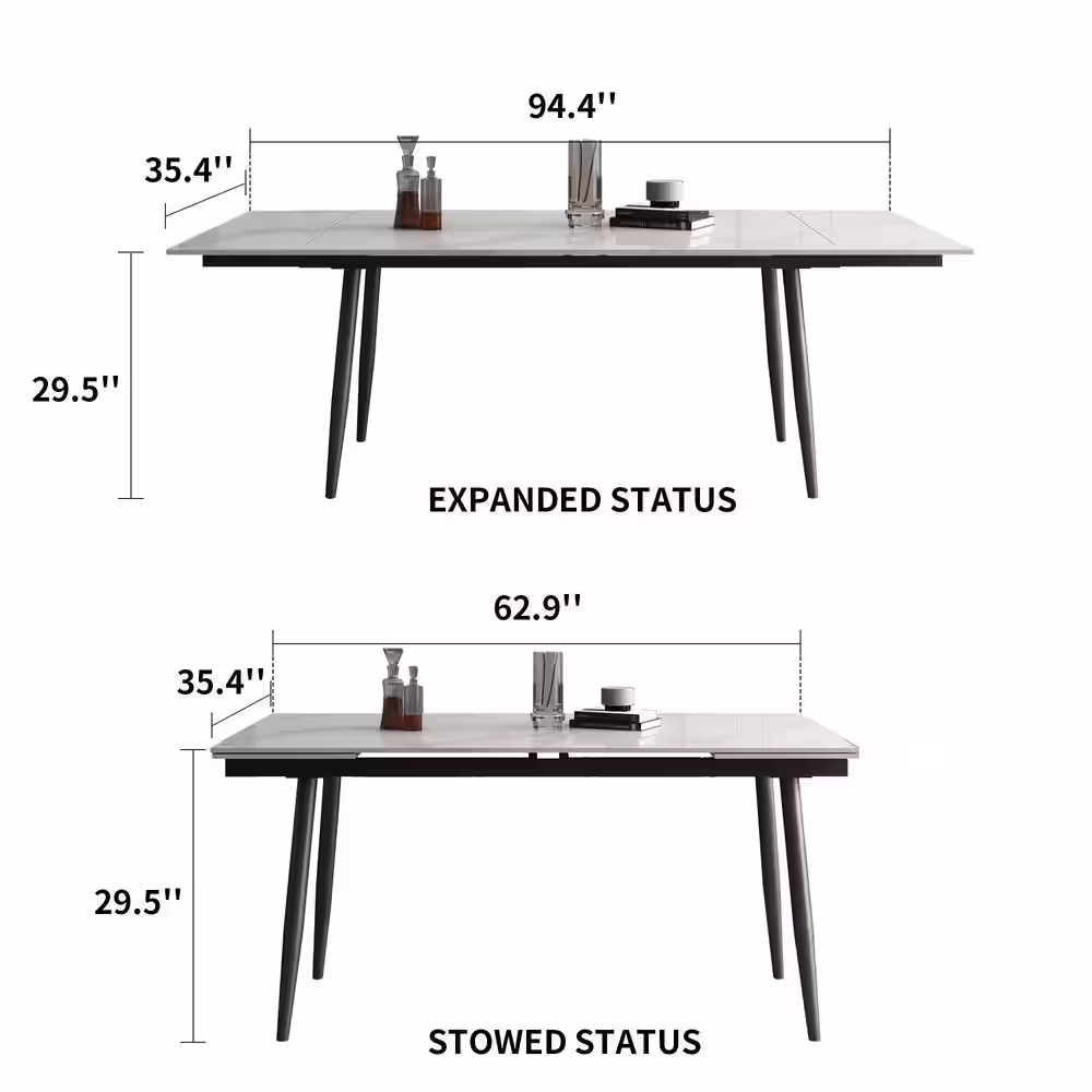 None 62.9 in. to 94.4 in. Rectangle White Stone Extendable Dining Table