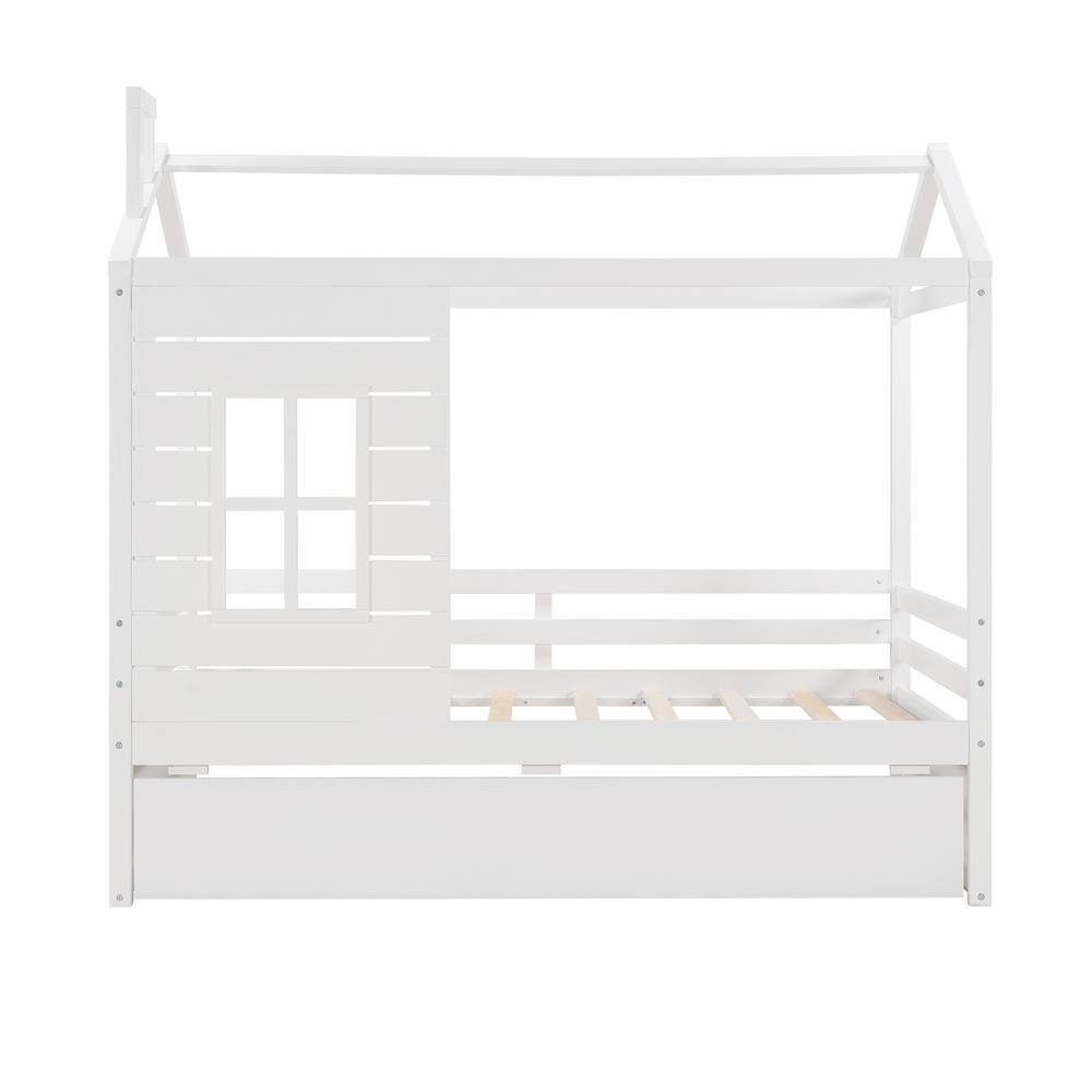 Harper & Bright Designs White Twin Wood House Bed with Trundle