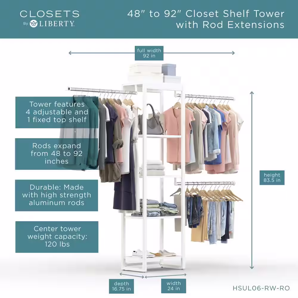 CLOSETS By LIBERTY 48 in. W to 92 in. W White Closet Shelf Tower with Rod Extensions Wood Closet System