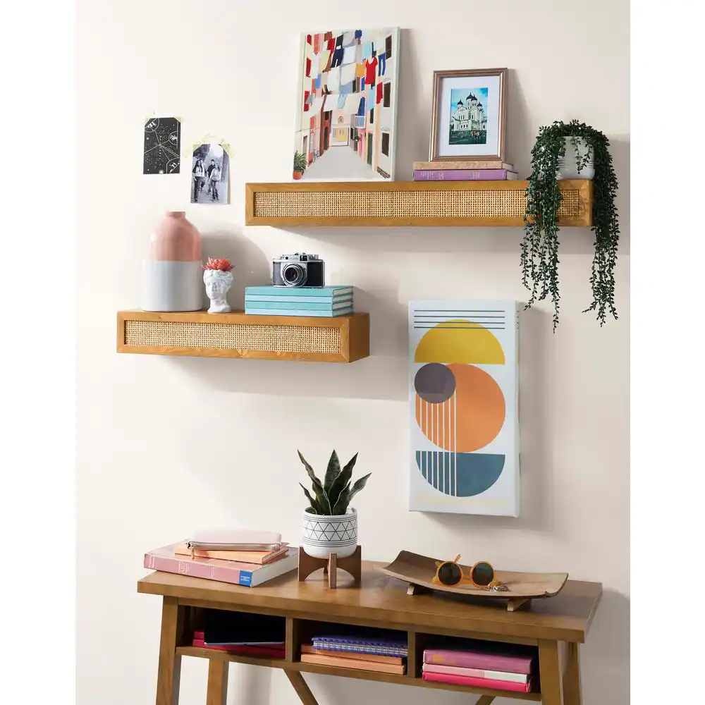 StyleWell Natural Wood Floating Wall Shelves with Rattan Caning Detail (Set of 2)