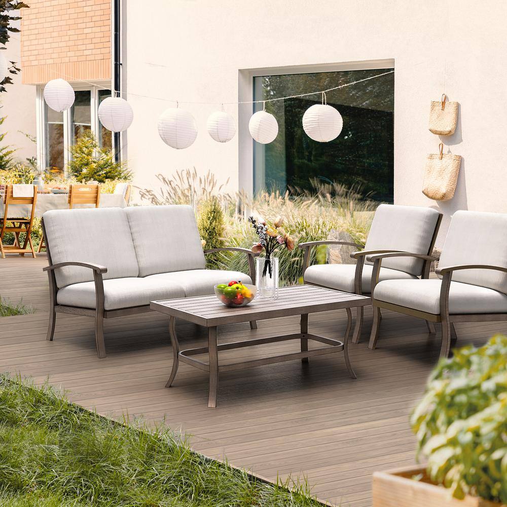 None 4-Person Aluminum Patio Conversation Set with Coffee Table and Light Gray Cushions