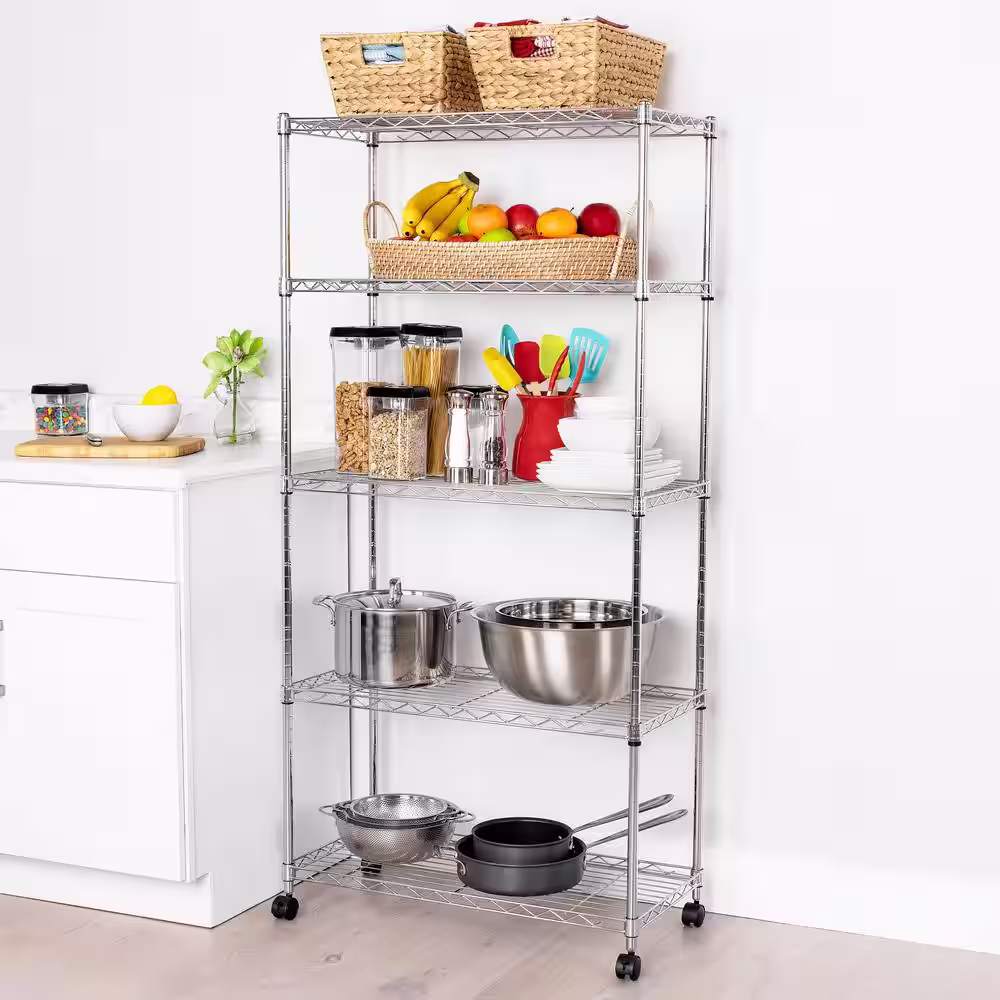 Seville Classics Silver 5-Tier Steel Wire Shelving Unit with Wheels (30 in. W x 60 in. H x 14 in. D)